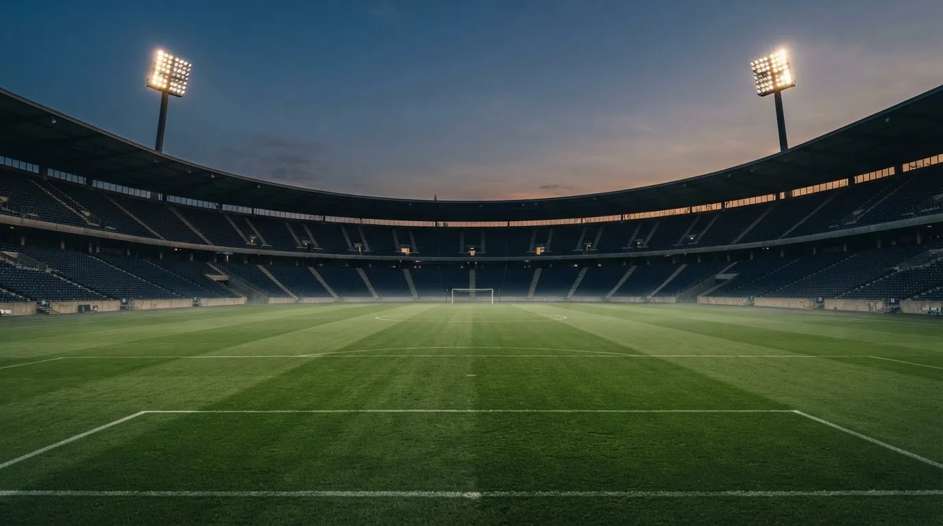 An empty football stadium with floodlight masts at dusk
