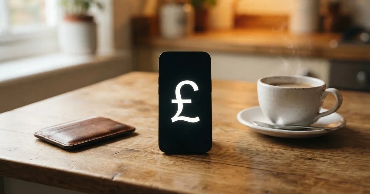 A smartphone on a wooden table beside a wallet and a coffee cup