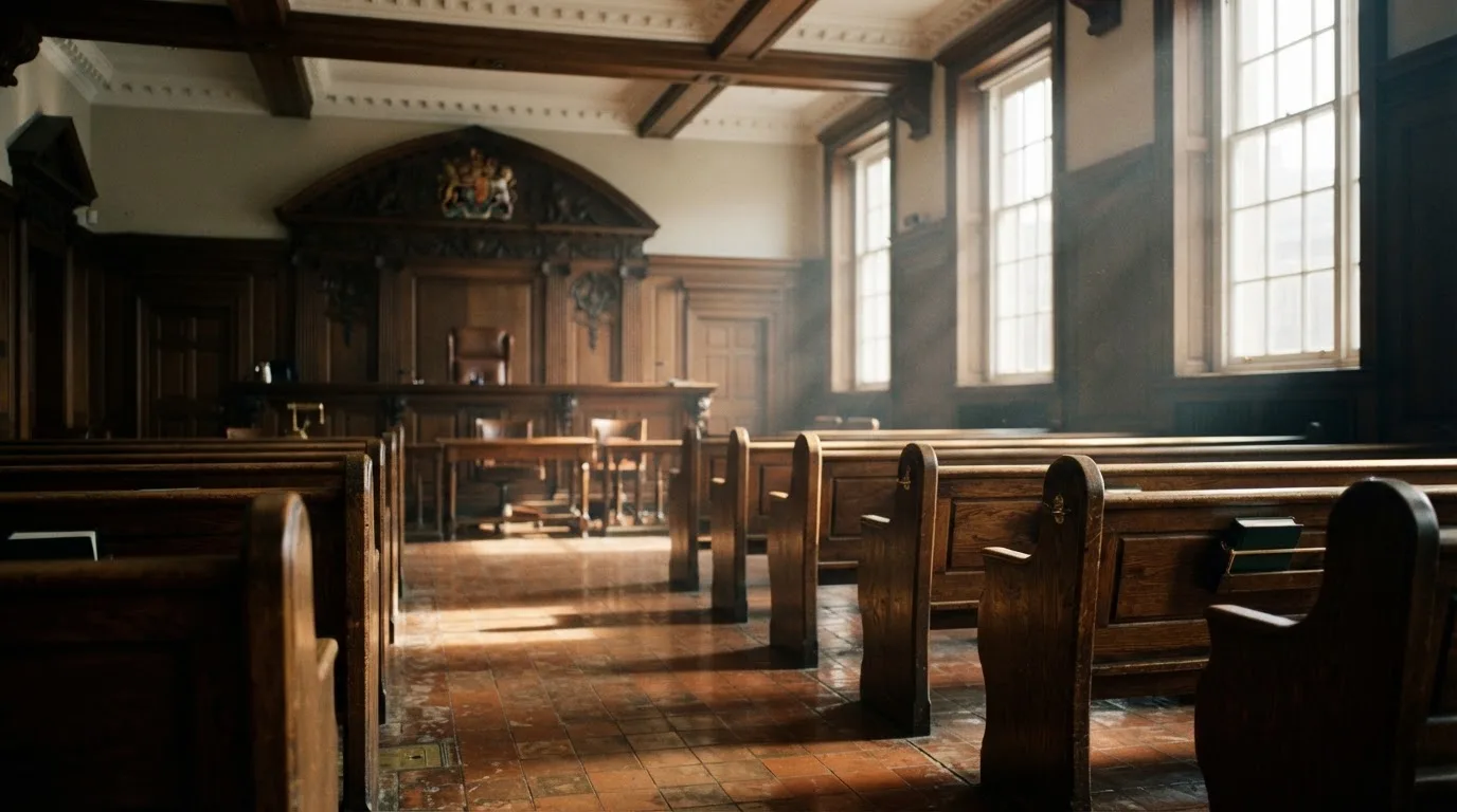 An empty courtroom with wooden benches in morning light
