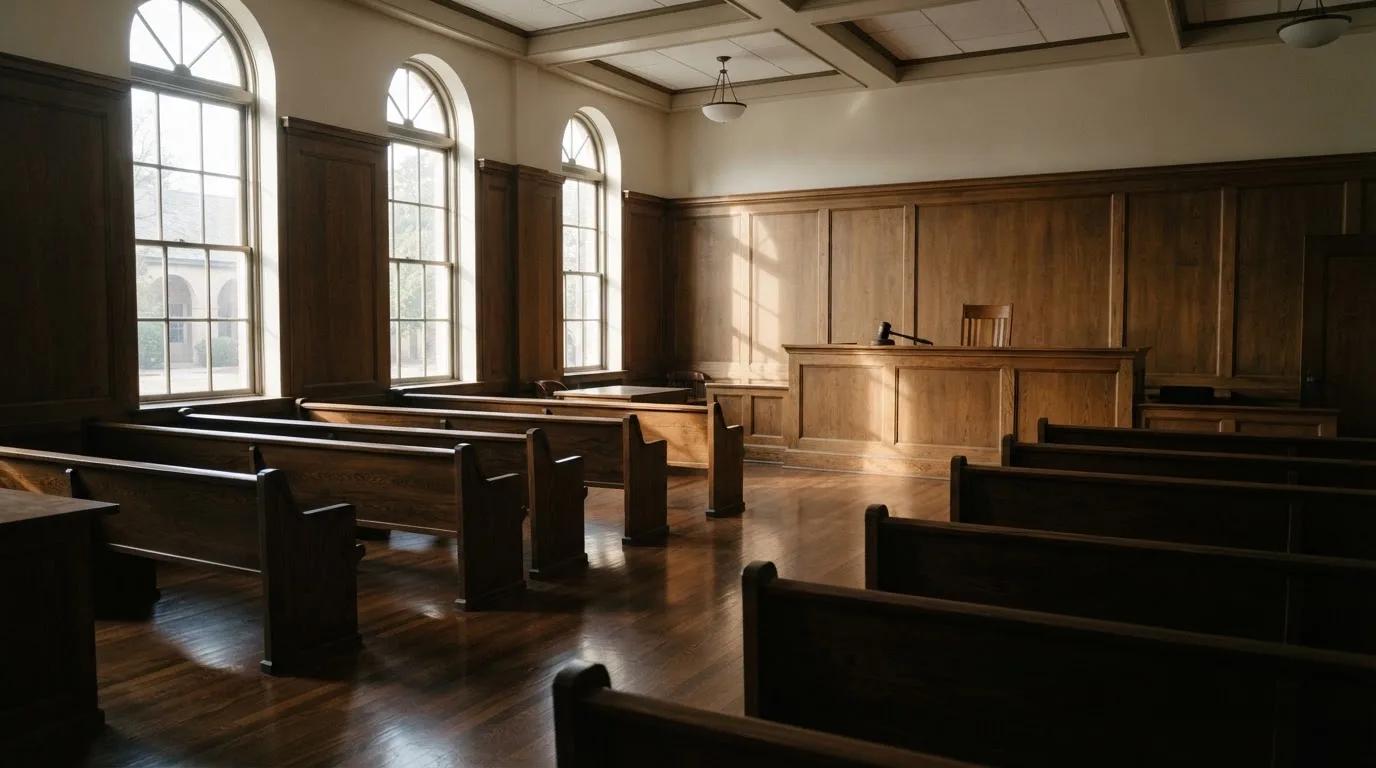 An empty courtroom with wooden benches in morning light
