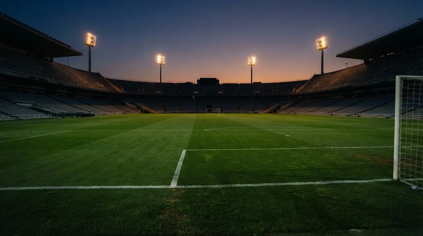 An empty football stadium with floodlight masts at dusk
