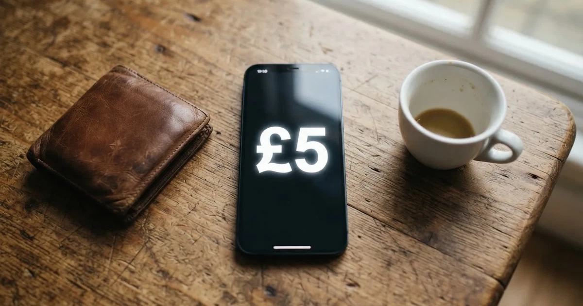 A smartphone on a wooden table beside a wallet and a coffee cup