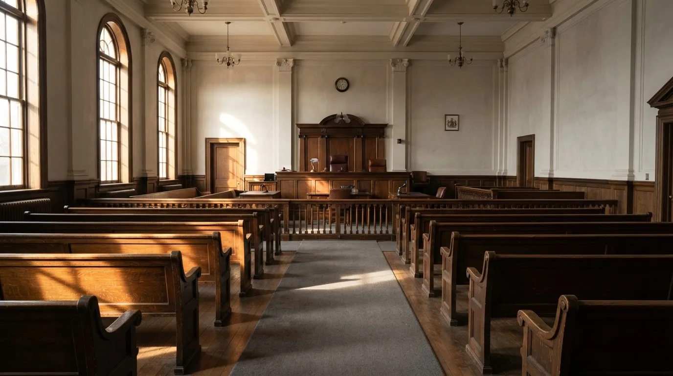 An empty courtroom with wooden benches in morning light