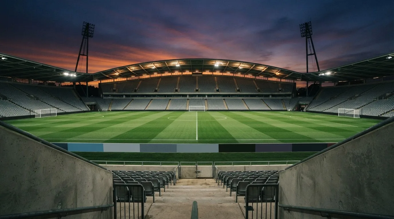 An empty football stadium with floodlight masts at dusk