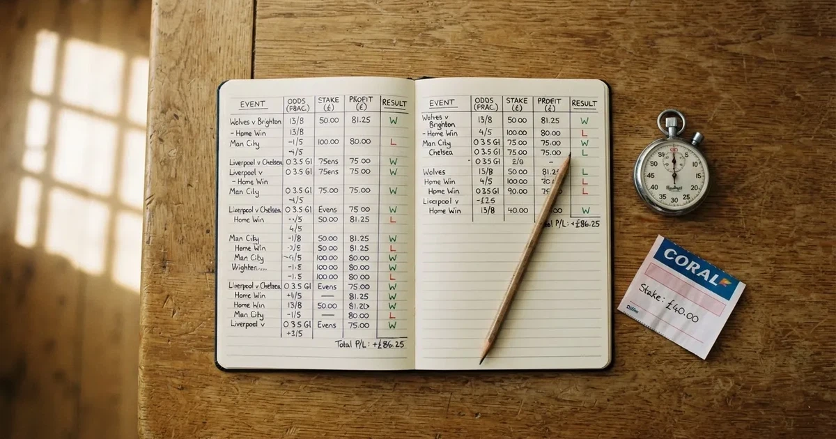 An open notebook with a pencil and a stopwatch on a wooden table