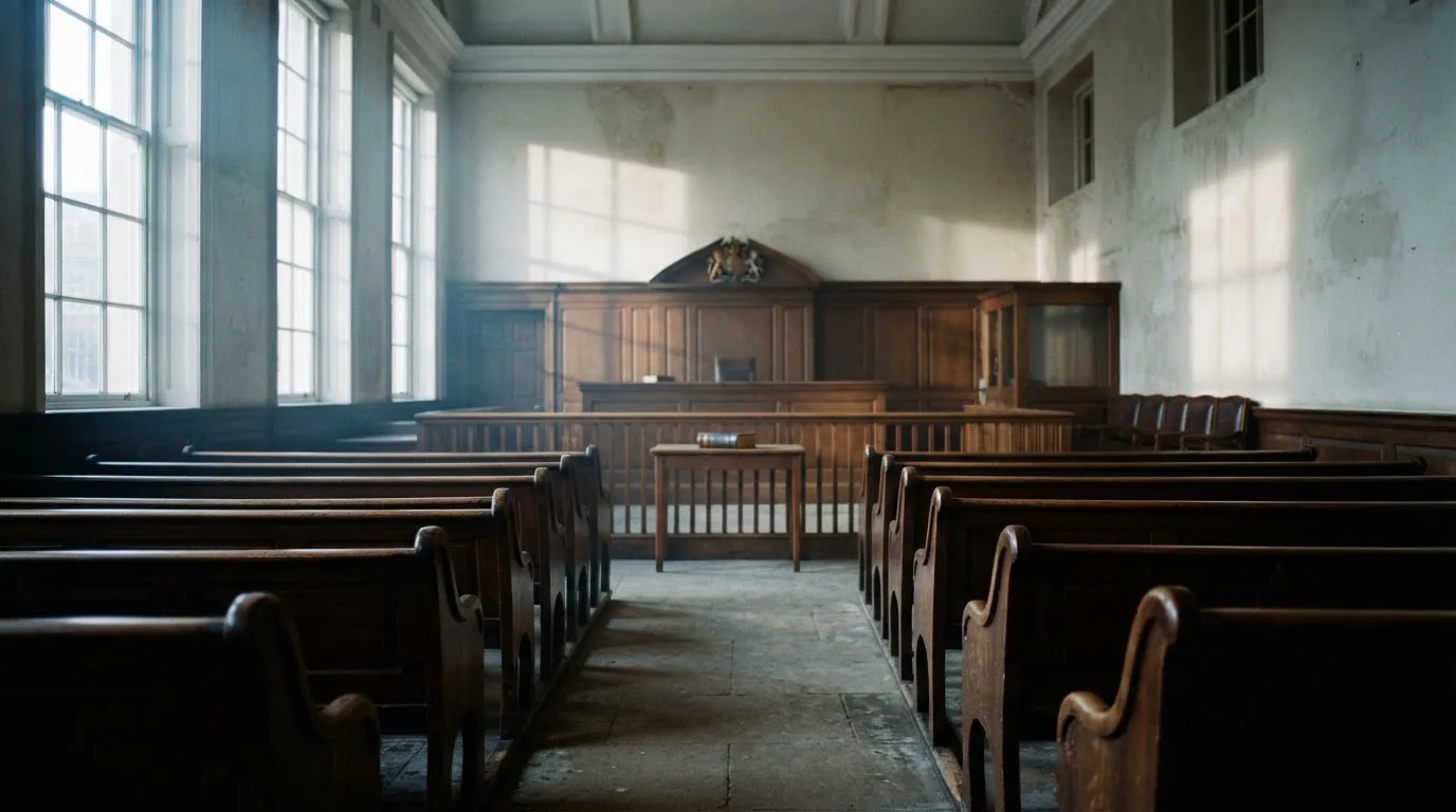 An empty courtroom with wooden benches in morning light