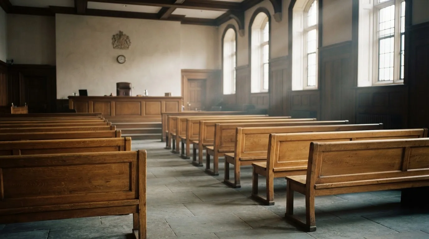 An empty courtroom with wooden benches in morning light