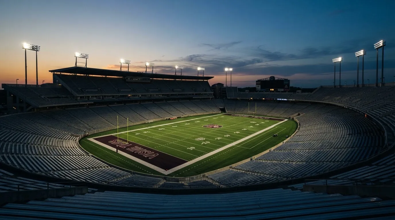 An empty football stadium with floodlight masts at dusk