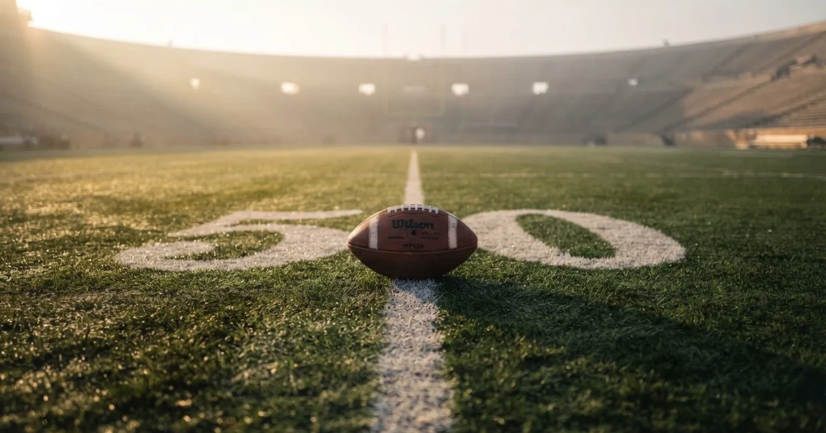 A ball on the centre spot of a grass pitch in morning light