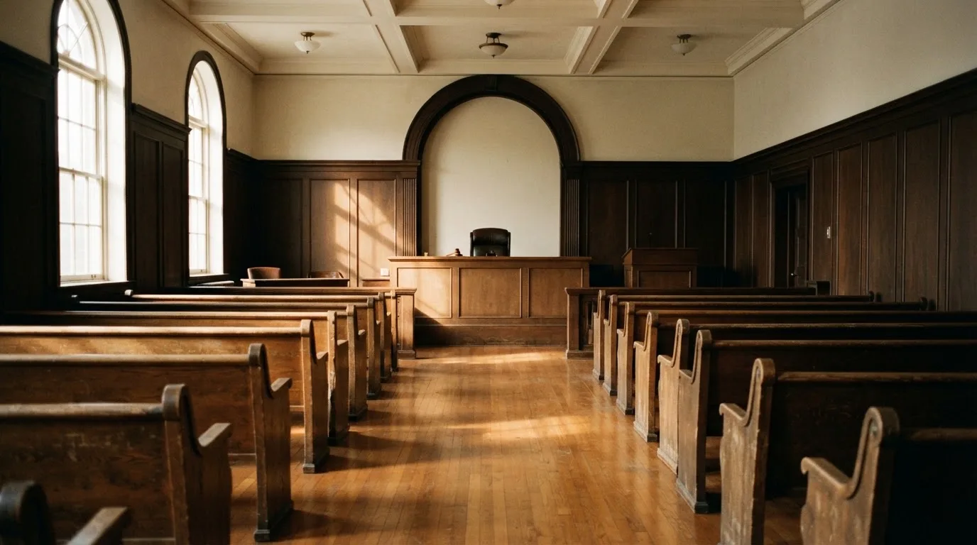 An empty courtroom with wooden benches in morning light