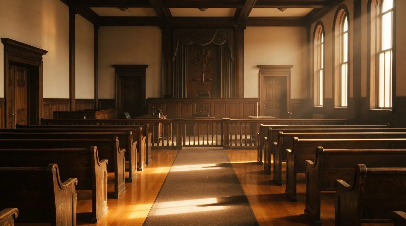 An empty courtroom with wooden benches in morning light