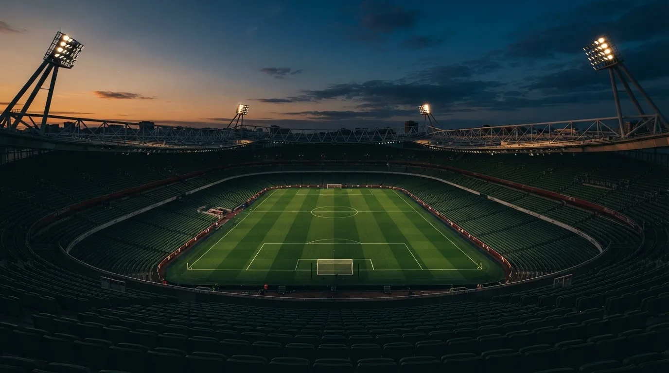 An empty football stadium with floodlight masts at dusk