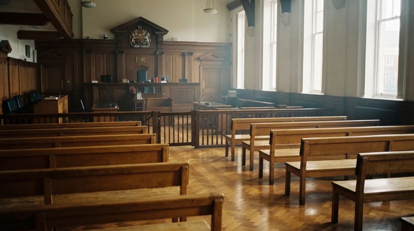An empty courtroom with wooden benches in morning light