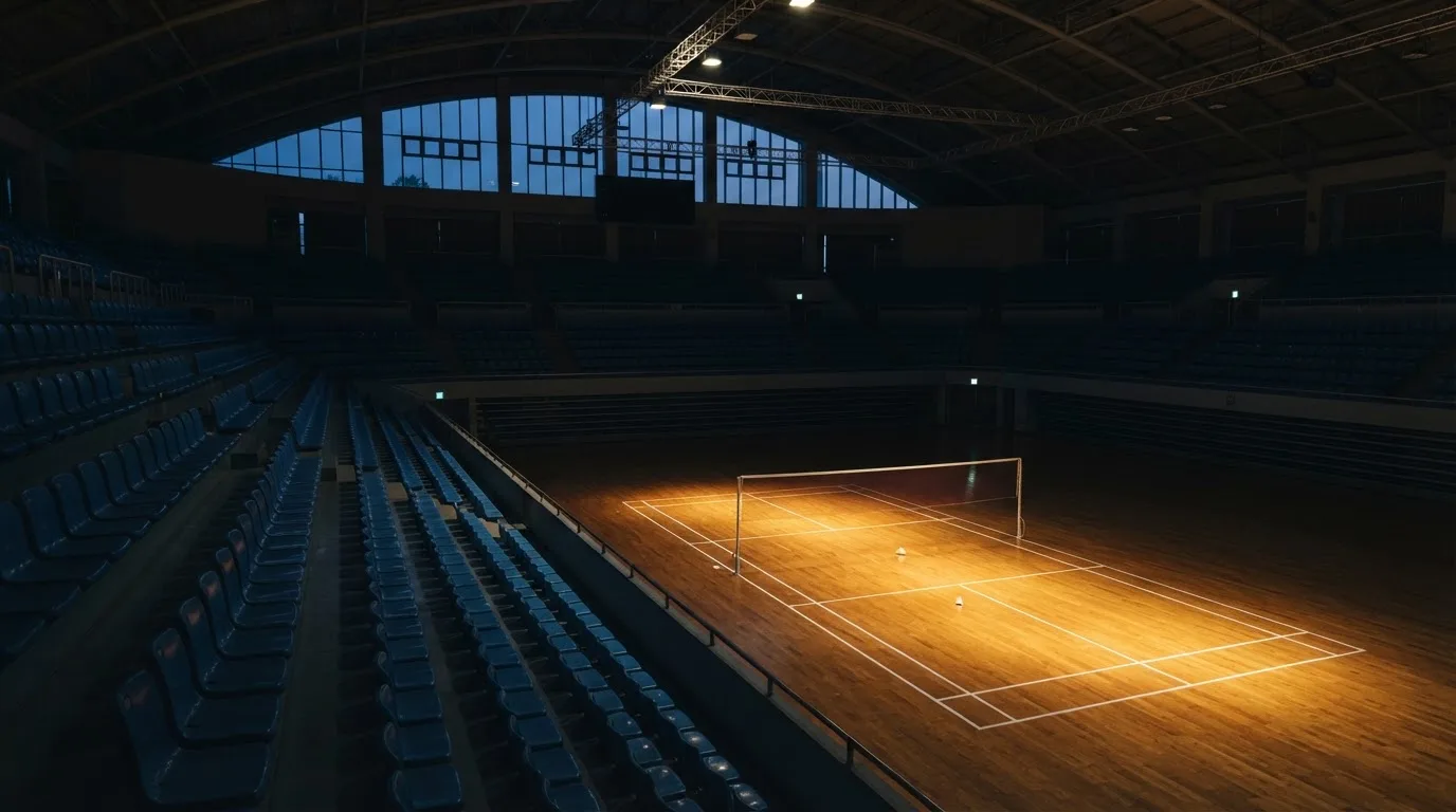 An empty football stadium with floodlight masts at dusk