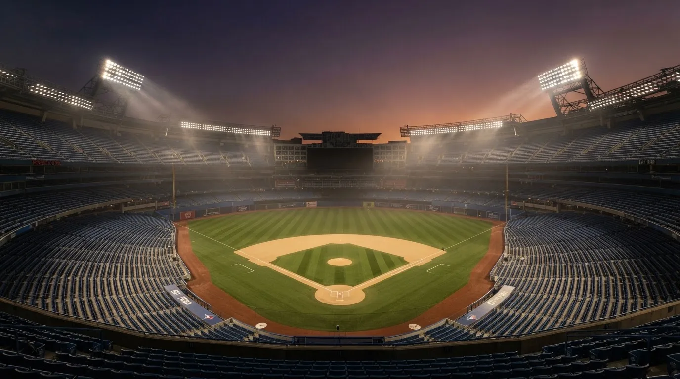 An empty football stadium with floodlight masts at dusk