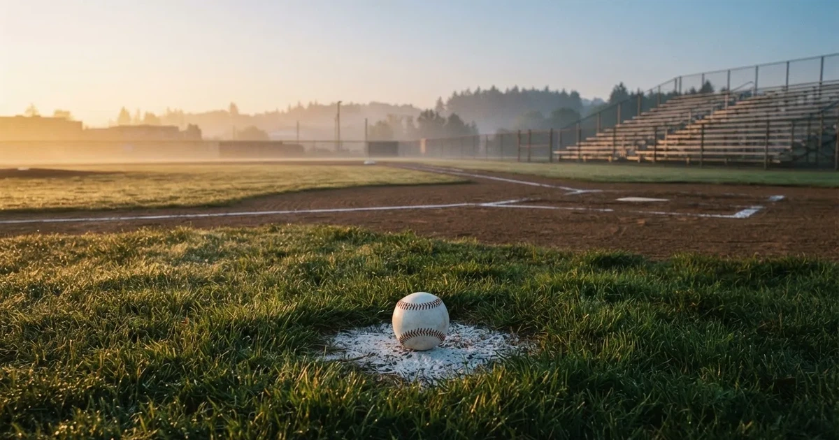 A ball on the centre spot of a grass pitch in morning light