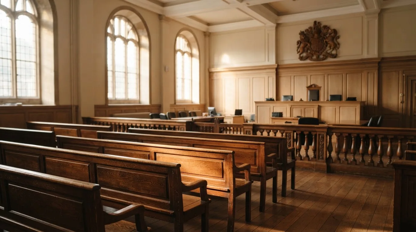An empty courtroom with wooden benches in morning light