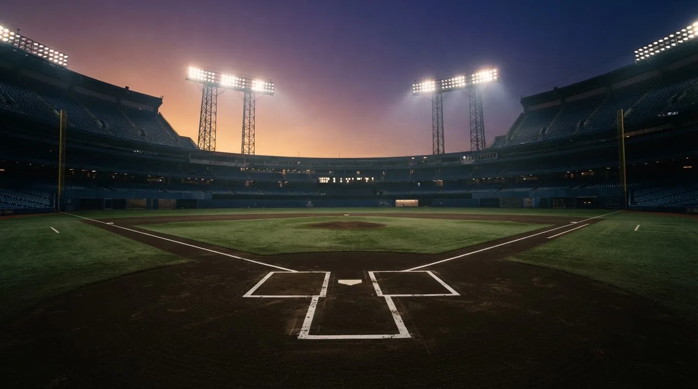 An empty football stadium with floodlight masts at dusk