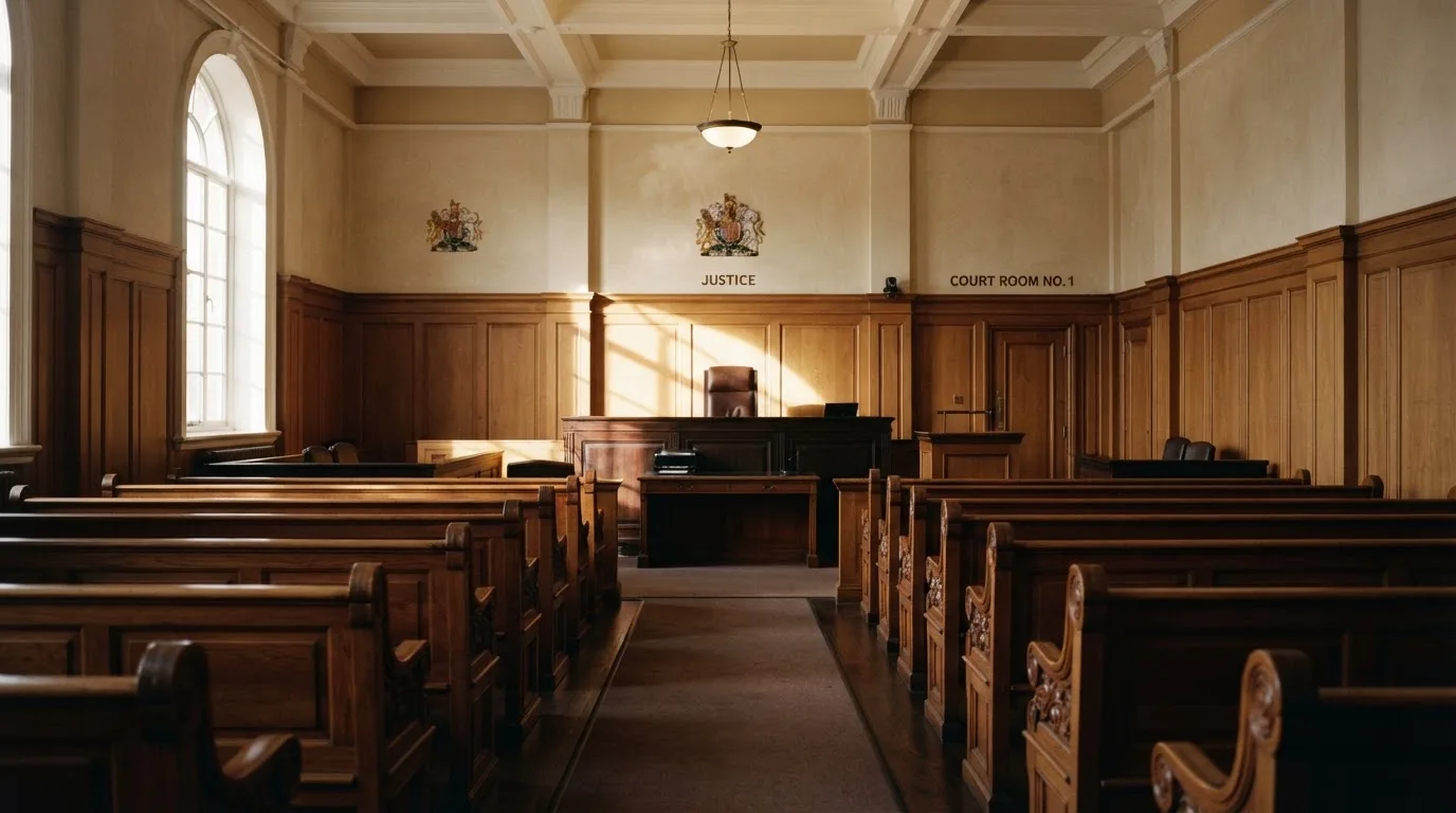 An empty courtroom with wooden benches in morning light