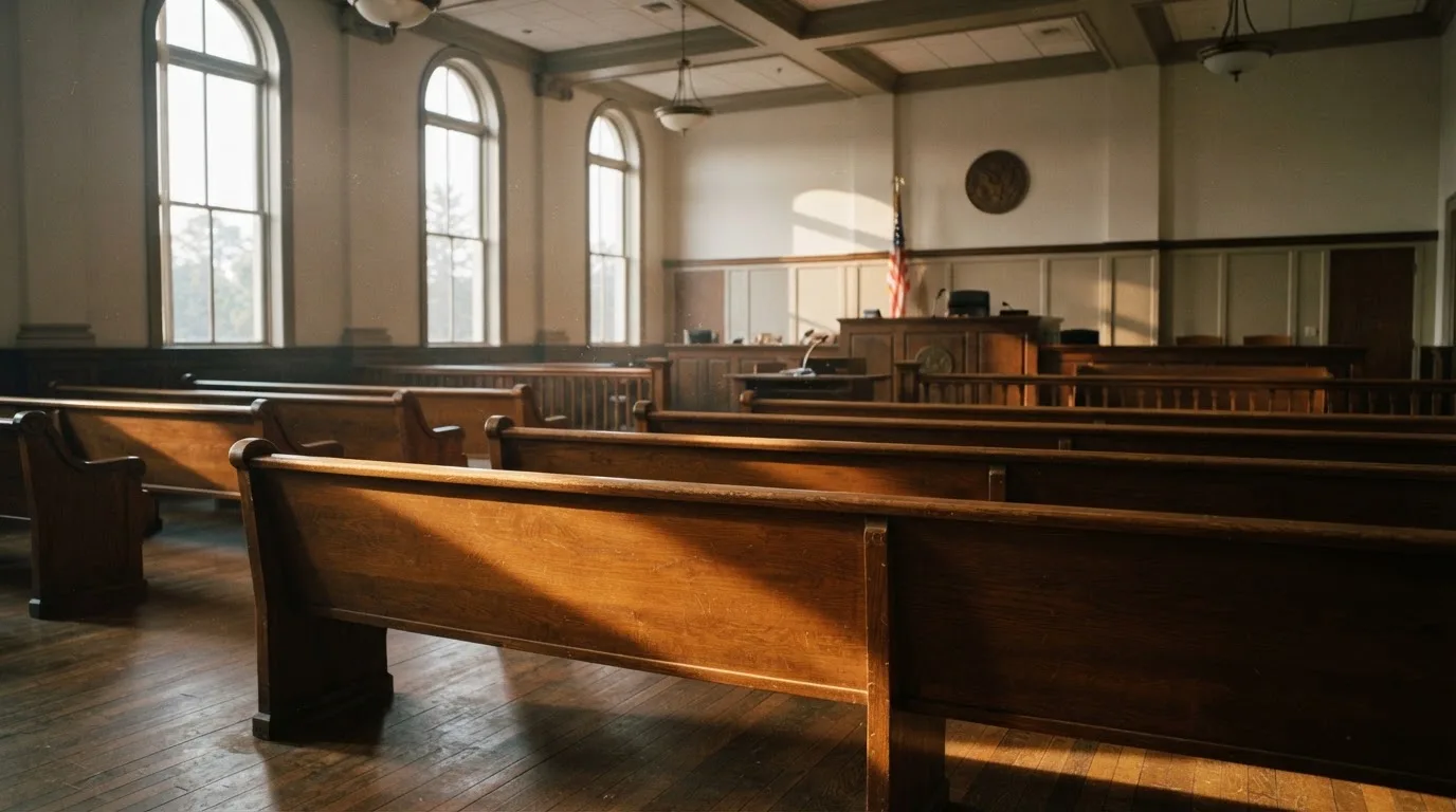 An empty courtroom with wooden benches in morning light