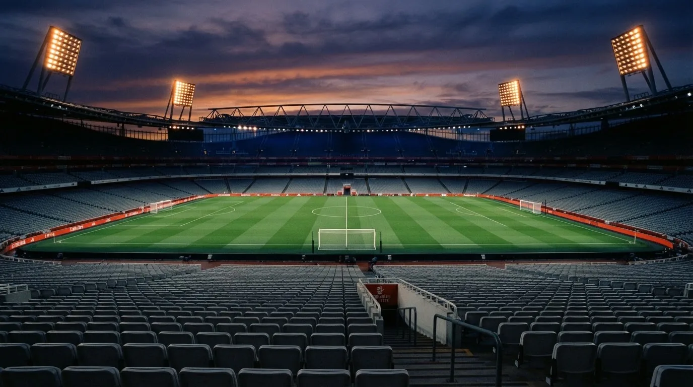 An empty football stadium with floodlight masts at dusk