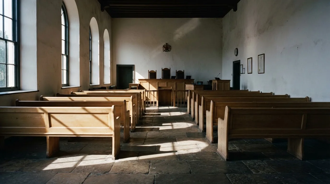 An empty courtroom with wooden benches in morning light