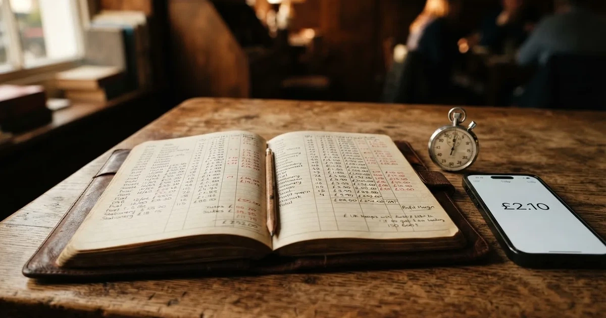 An open notebook with a pencil and a stopwatch on a wooden table