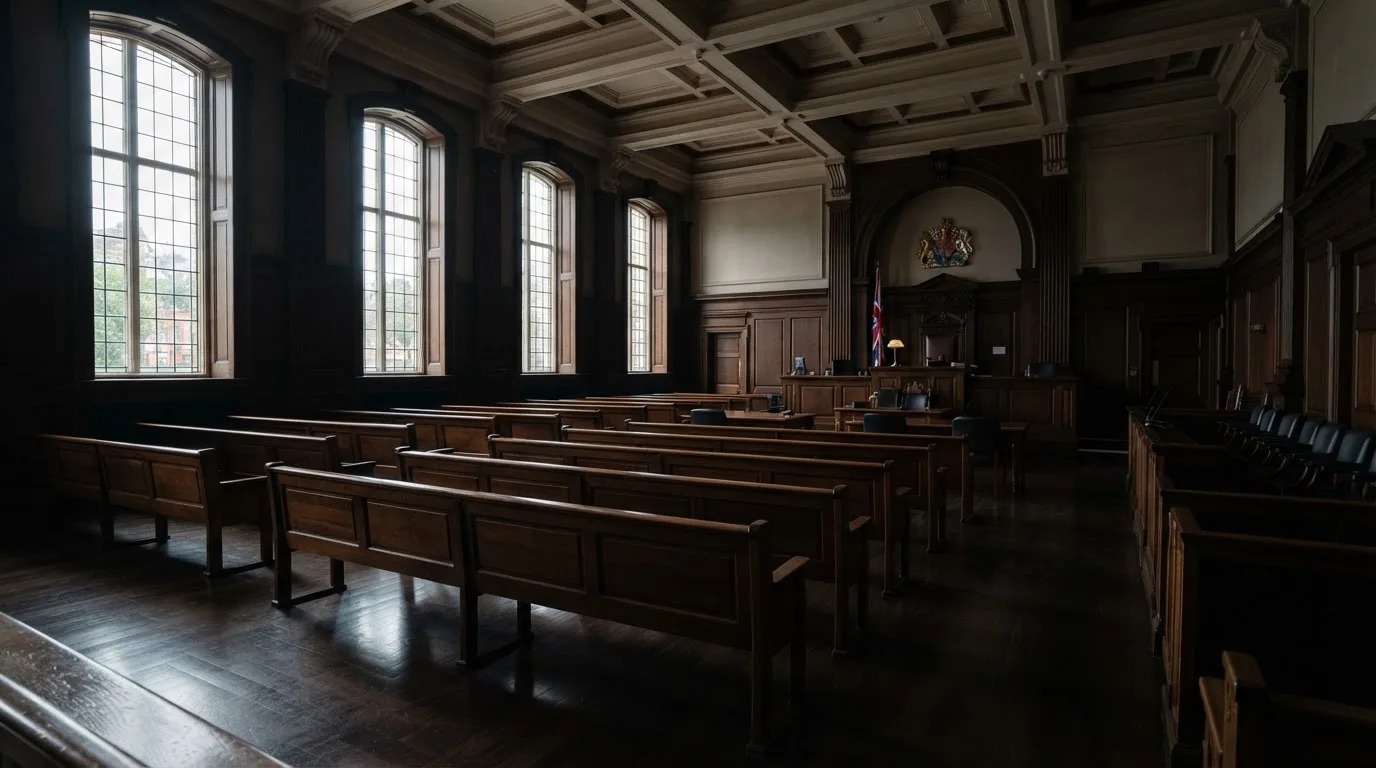 An empty courtroom with wooden benches in morning light