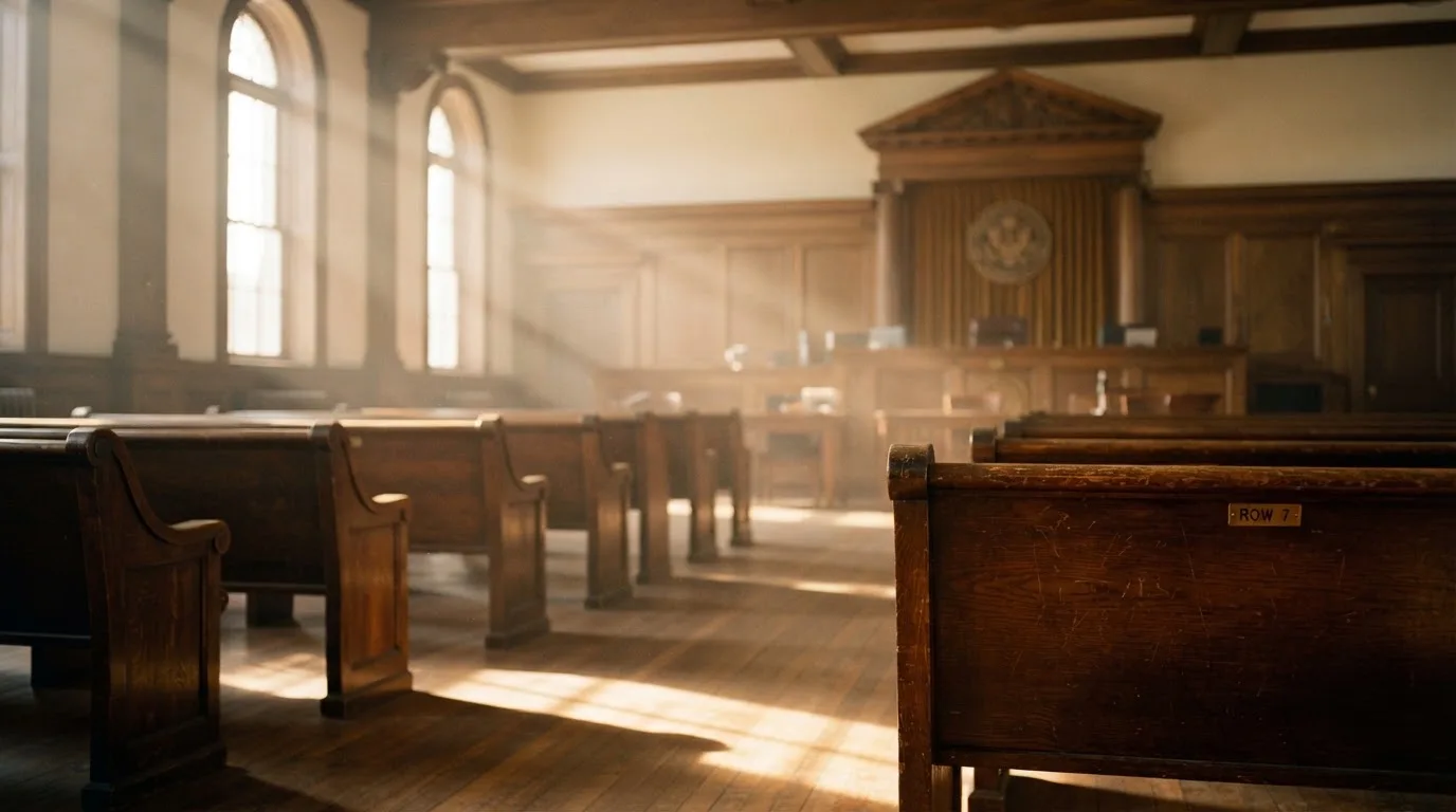 An empty courtroom with wooden benches in morning light