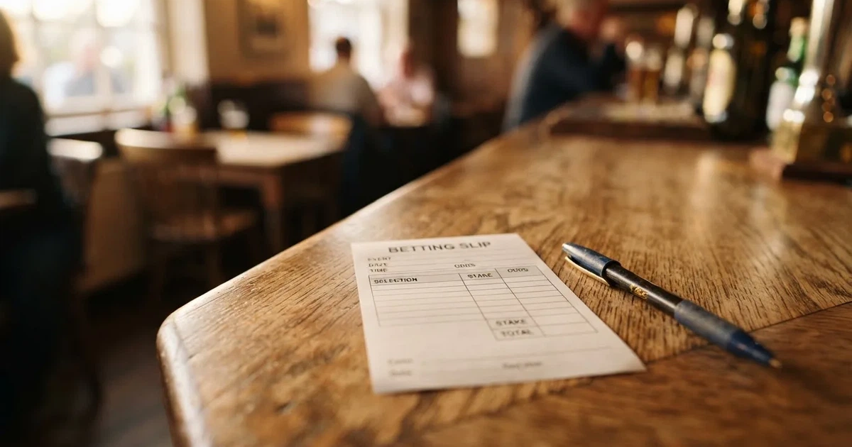 A blank paper betting slip beside a pen on a wooden counter