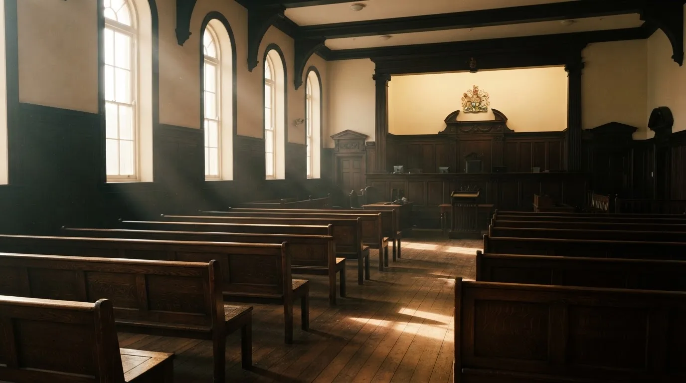 An empty courtroom with wooden benches in morning light