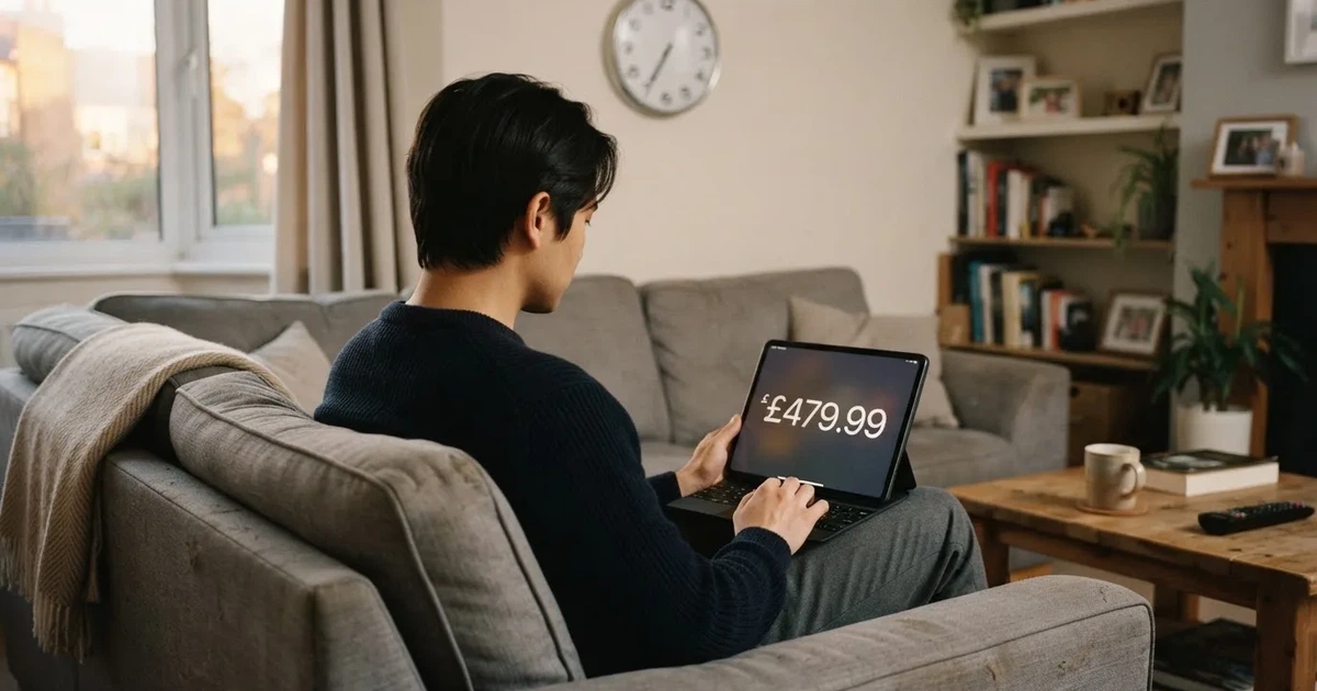 A person on a sofa looking thoughtfully at a tablet, a wall clock in the background