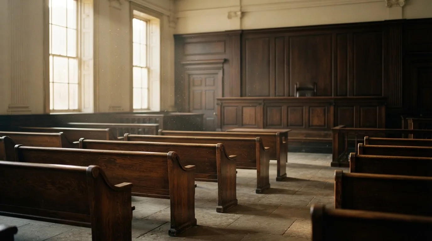 An empty courtroom with wooden benches in morning light