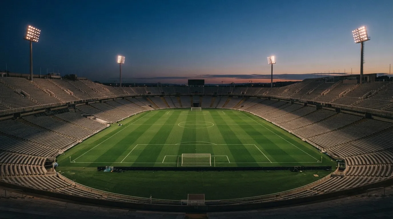 An empty football stadium with floodlight masts at dusk
