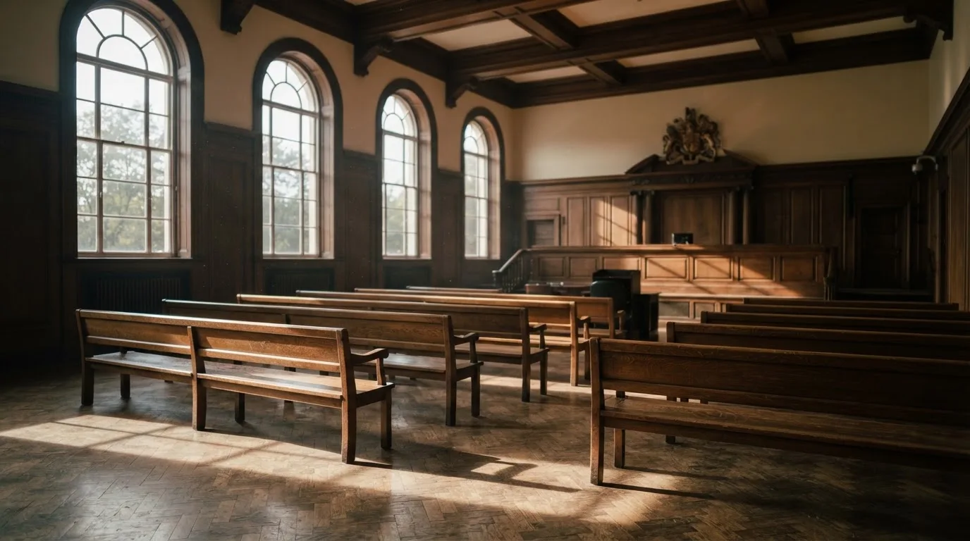 An empty courtroom with wooden benches in morning light