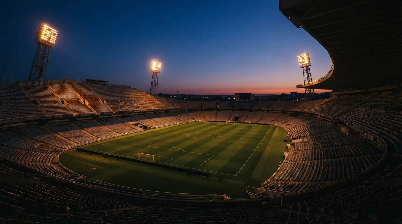 An empty football stadium with floodlight masts at dusk