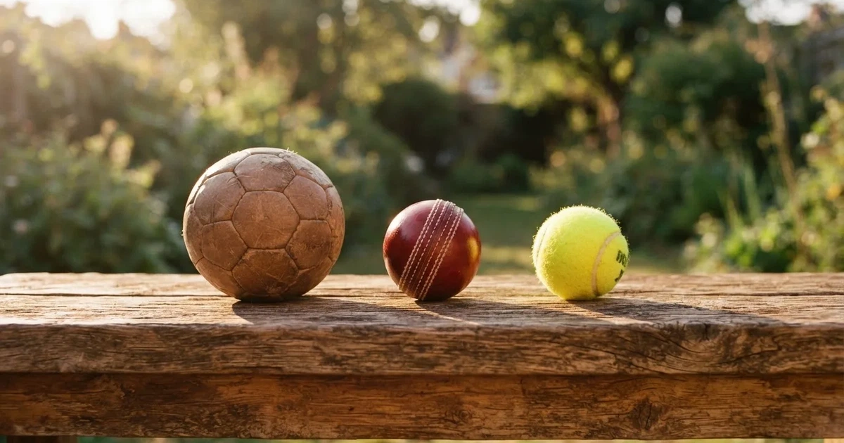 Three balls of different kinds side by side on a wooden bench
