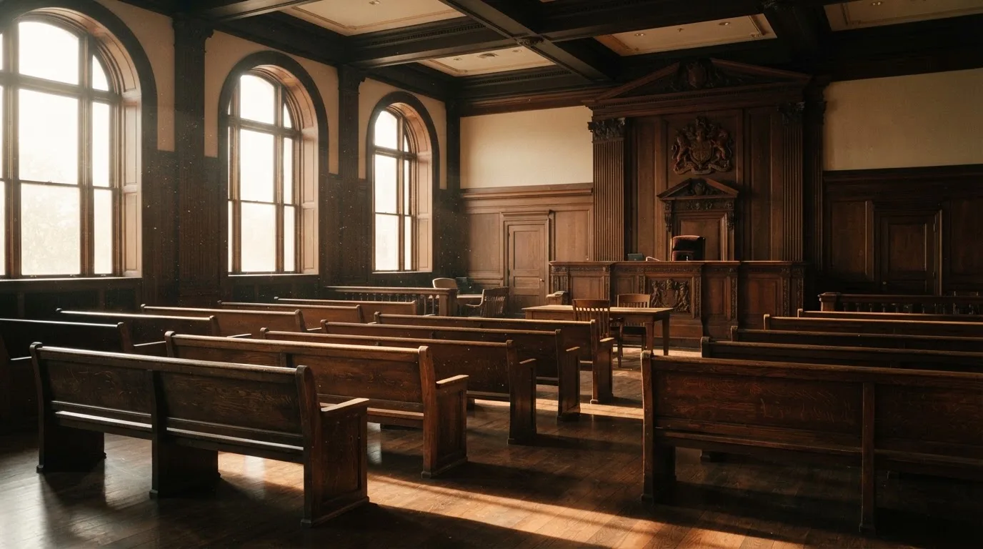 An empty courtroom with wooden benches in morning light