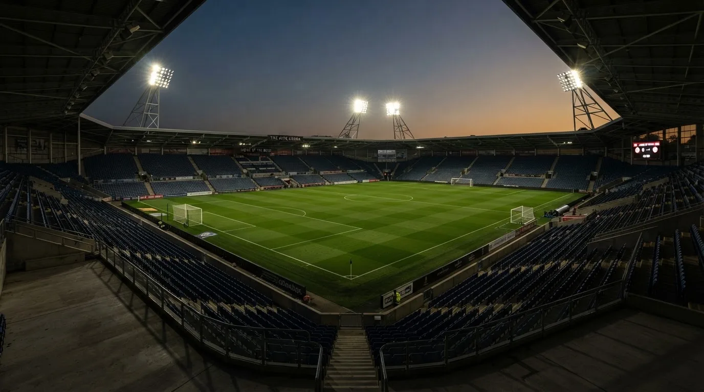 An empty football stadium with floodlight masts at dusk