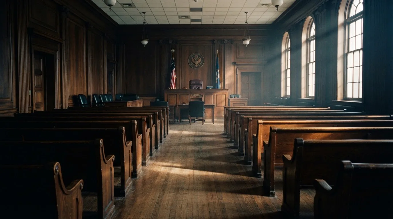 An empty courtroom with wooden benches in morning light