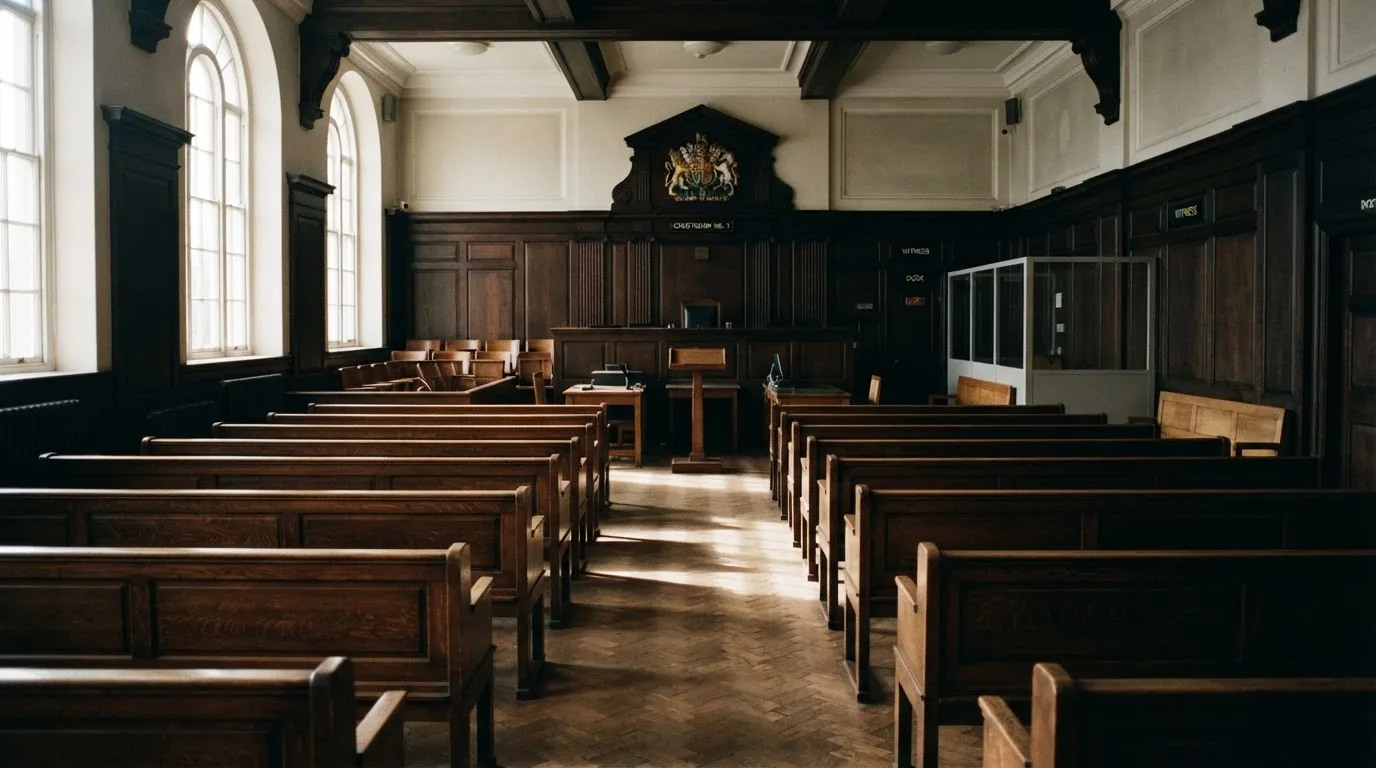 An empty courtroom with wooden benches in morning light
