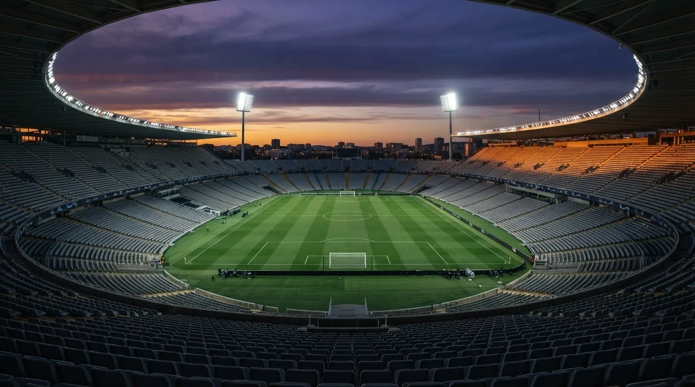 An empty football stadium with floodlight masts at dusk