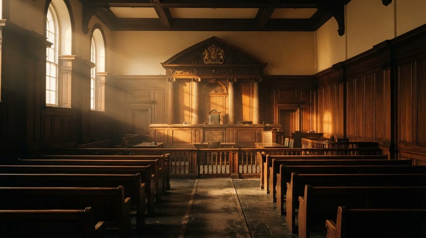 An empty courtroom with wooden benches in morning light