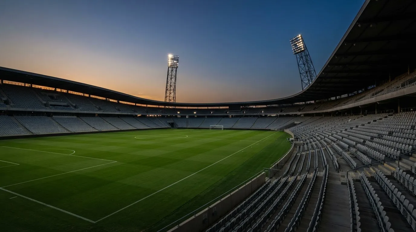 An empty football stadium with floodlight masts at dusk