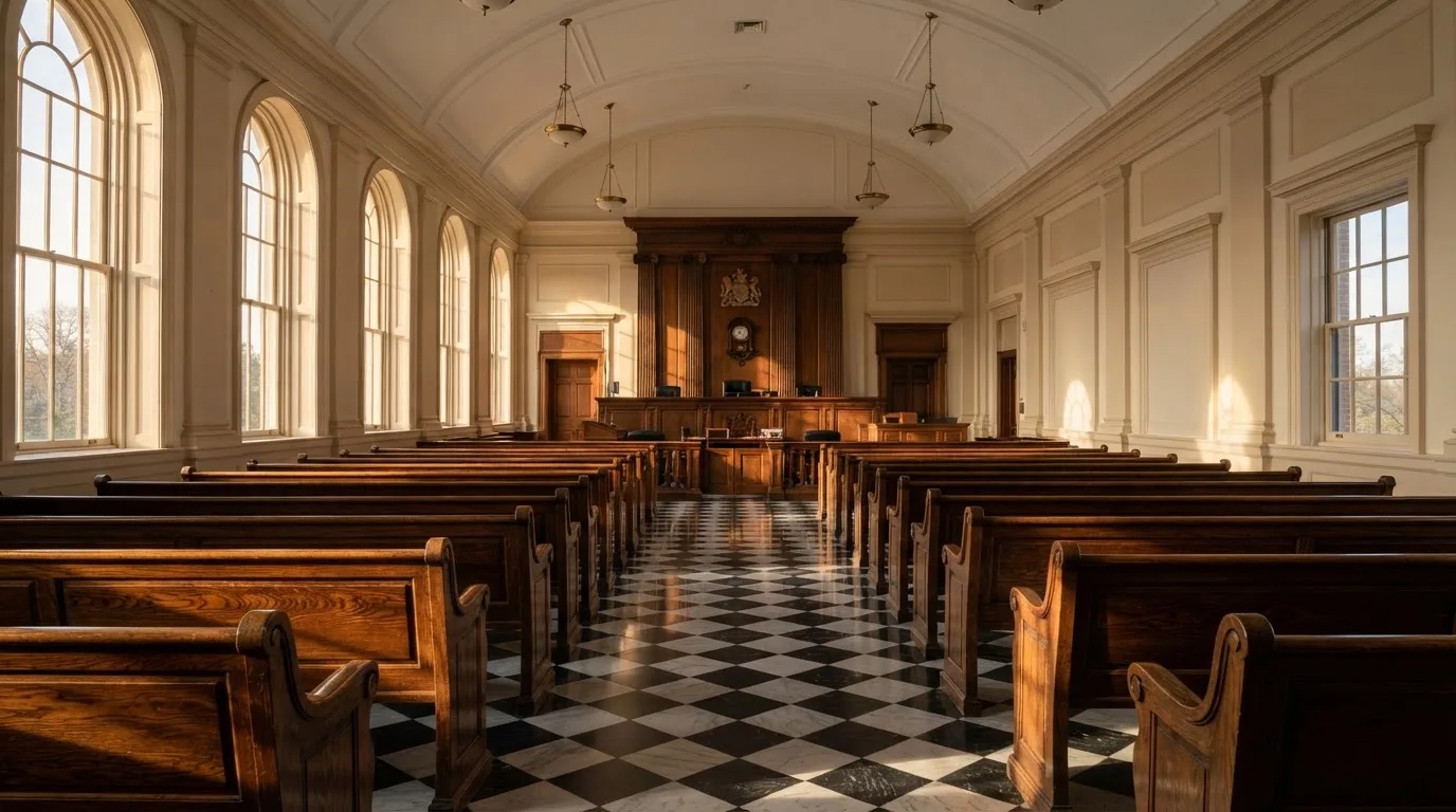 An empty courtroom with wooden benches in morning light