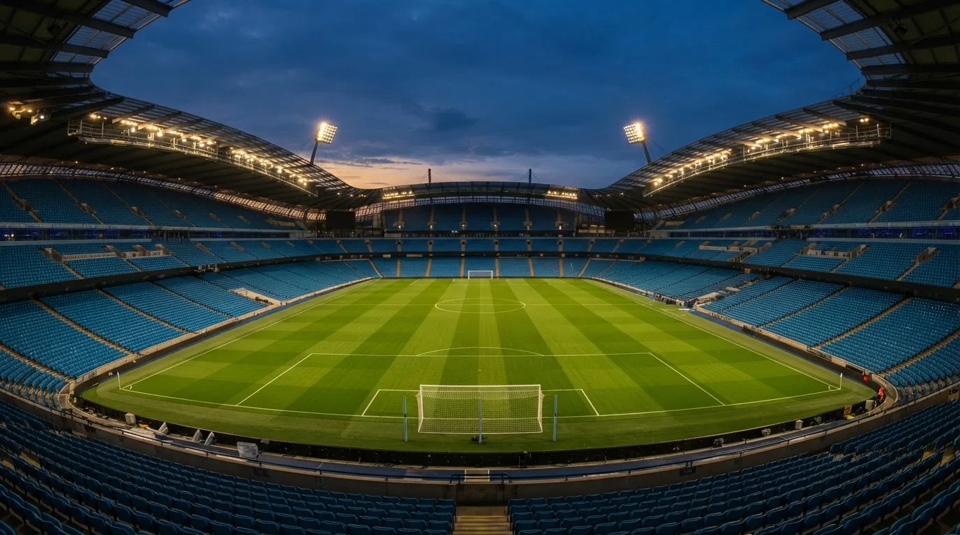 An empty football stadium with floodlight masts at dusk