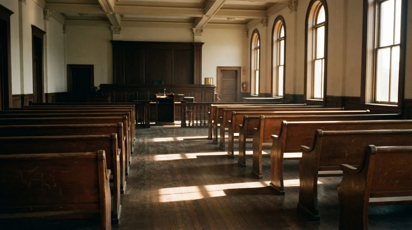 An empty courtroom with wooden benches in morning light