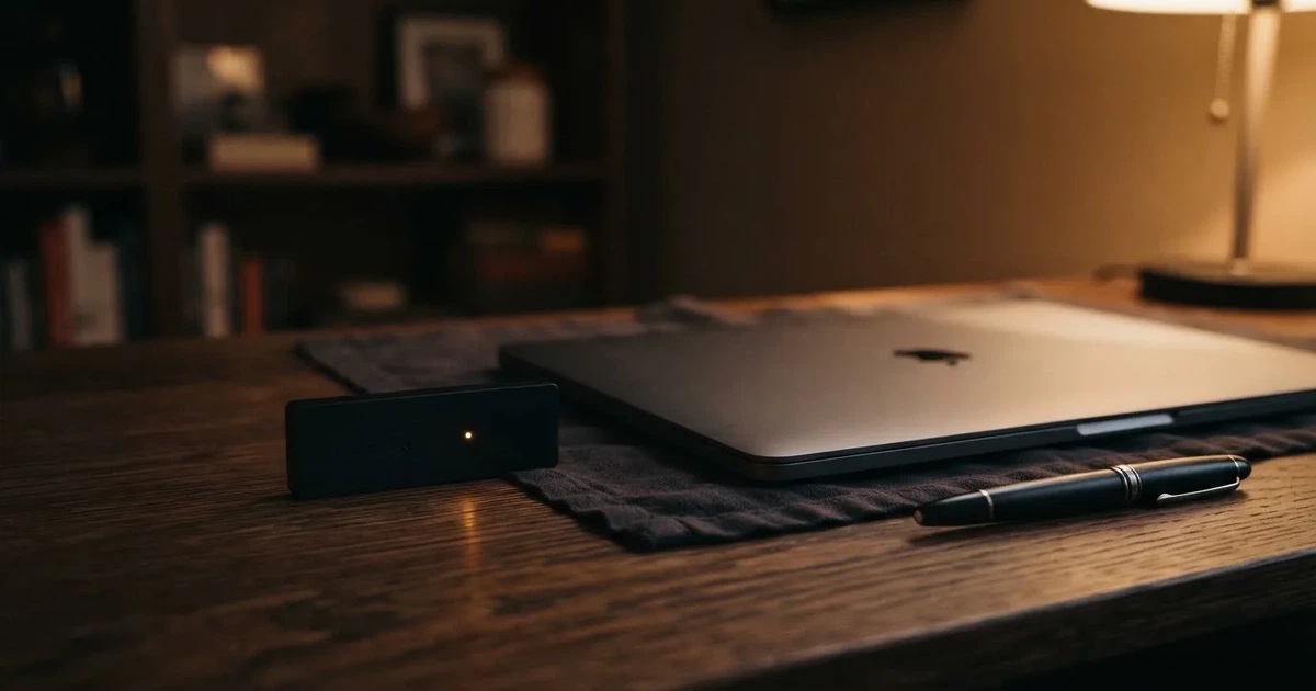 A hardware wallet and a closed laptop on a desk in dim light
