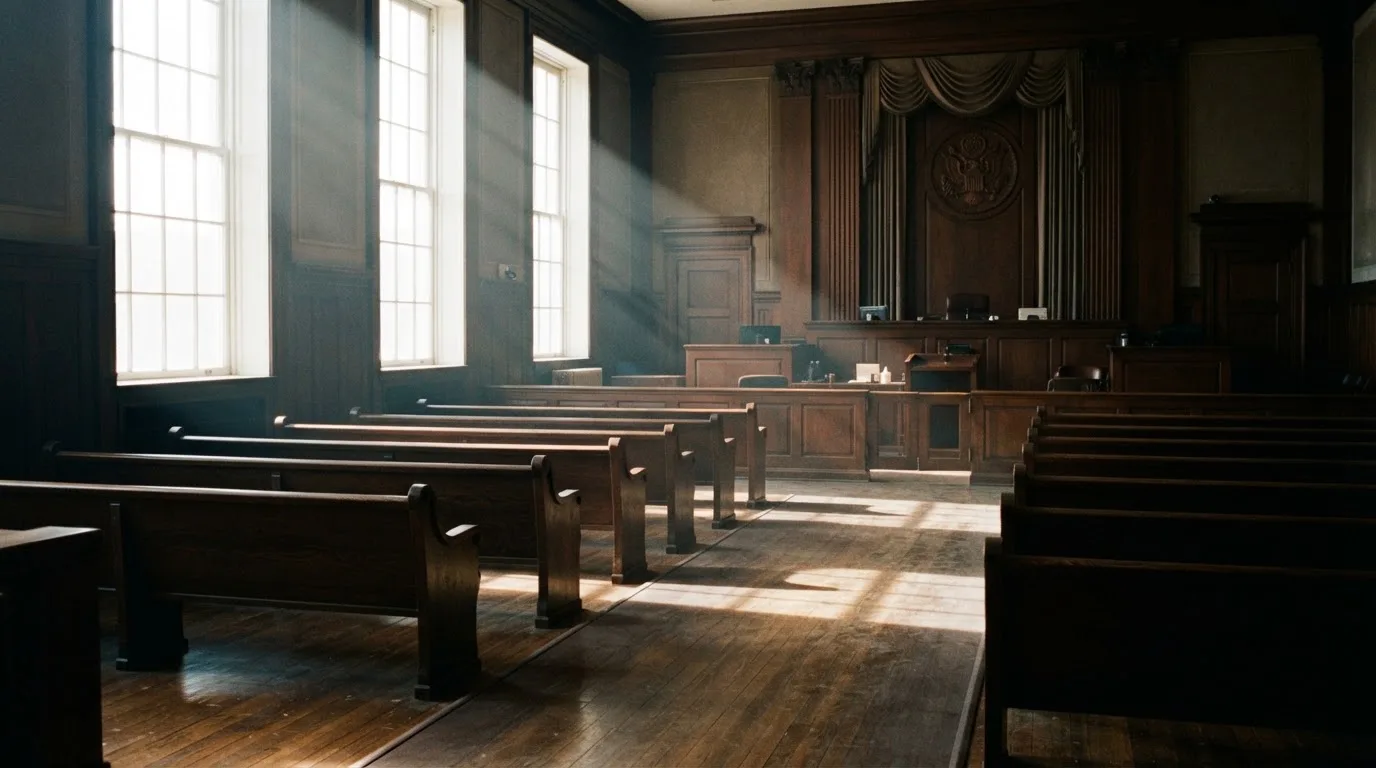 An empty courtroom with wooden benches in morning light