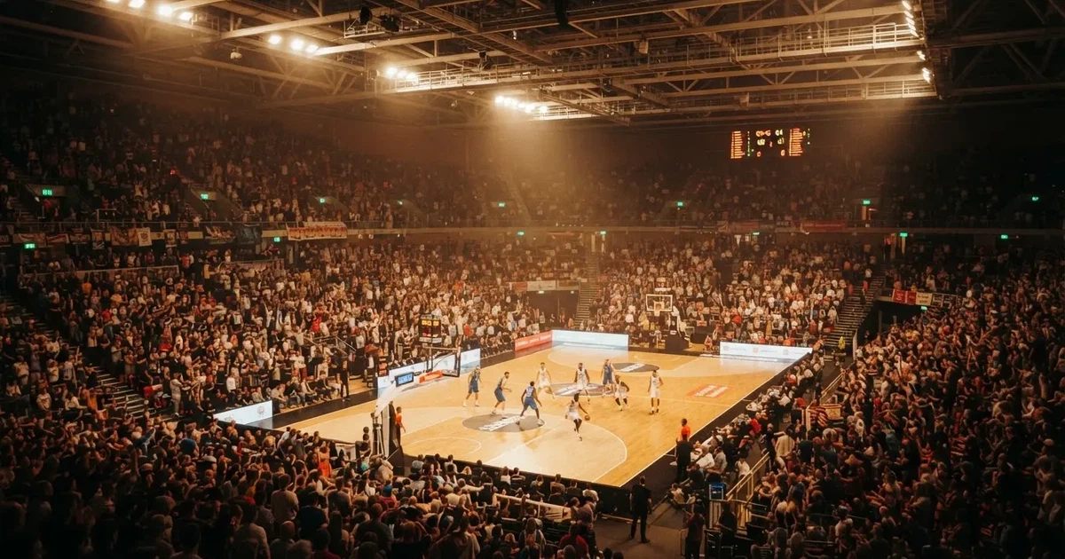 A packed sports hall under floodlights photographed from a long way off
